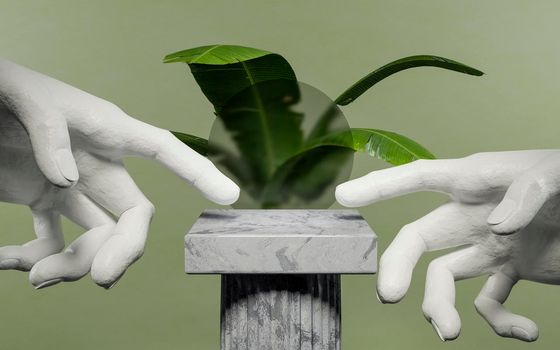 Greek style stand with cement hands pointing to the center with a fuzzy glass sphere and a plant behind with a green background. 3d render