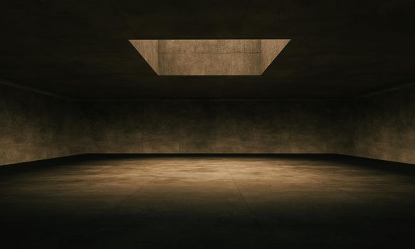 large concrete room illuminated by an upper window and by the edges of the floor. 3d render