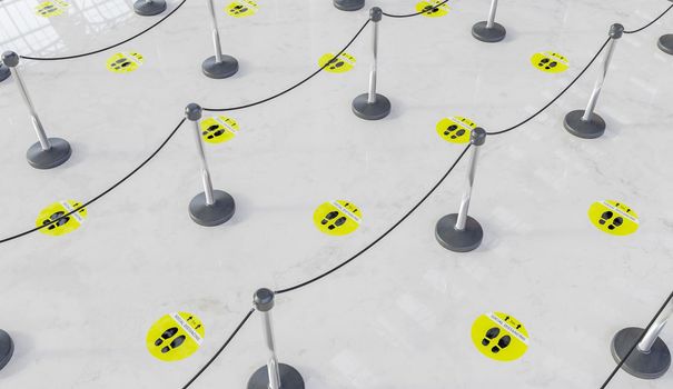 waiting queue with marble floor and yellow social distance labels with dividers for people. 3d render