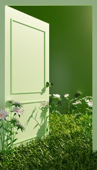 closed plan of an open green door with vegetation and flowers on the floor. 3d illustration