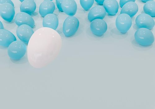 bluish background with many blue balloons on top and a white balloon in front. copyspace. 3d rendering