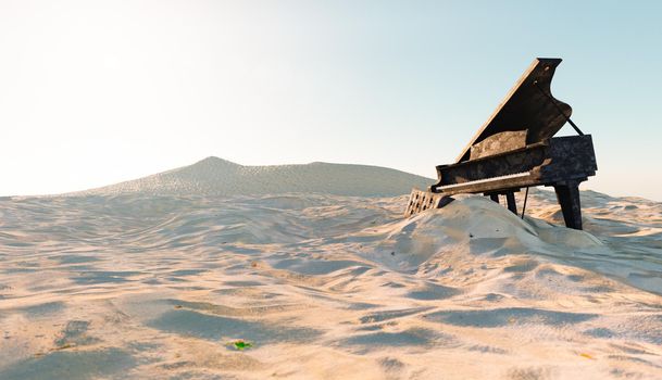 abandoned and damaged piano on the beach with sand covering it. 3d illustration
