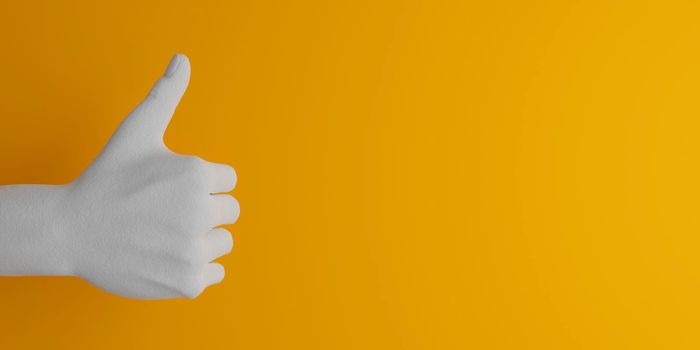 white plaster hand making a "like" gesture with yellow background and space for text. 3d render