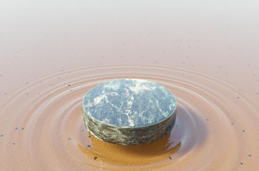 green marble product stand on crystal clear water with waves under it. mockup. 3d rendering