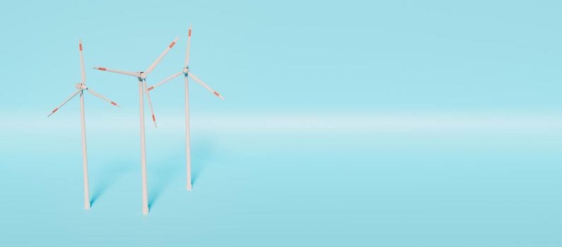 wind turbines on light blue background with space for text. 3d rendering