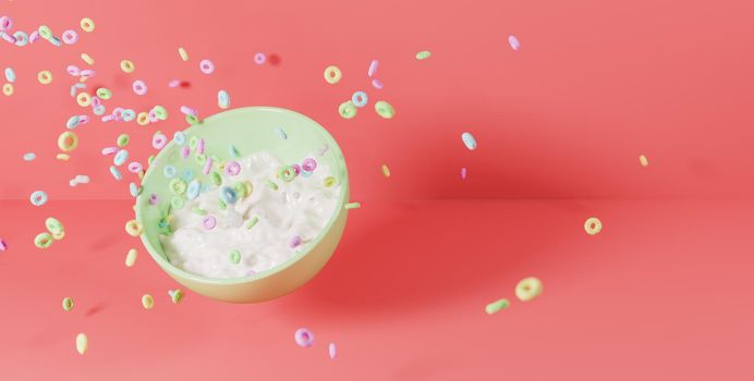 green ceramic bowl with milk inside and pastel colored cereals falling and splashing on red background. 3d rendering