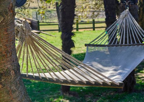 Hammock under the tree in a sunny day near a farmer - relax rest meditation concept