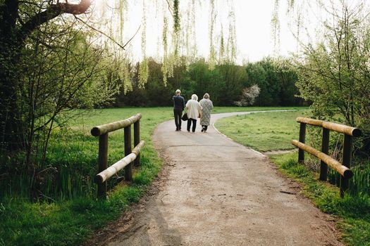 3 aged peoples walking at the park in a sunny day