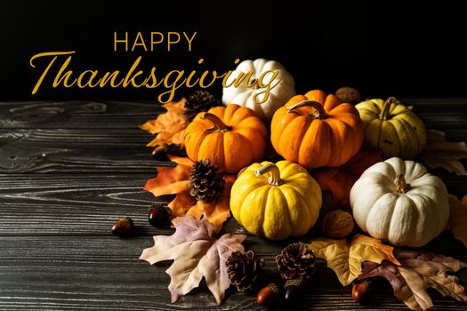 Happy Thanksgiving Day with pumpkin and nut on wooden table