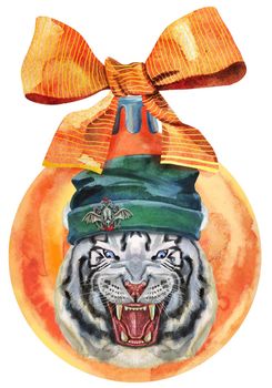 Watercolor Christmas orange ball with tiger isolated on a white background.