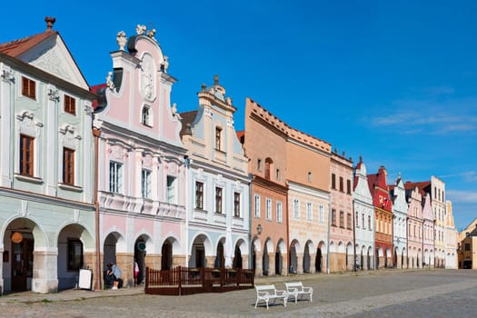 Czech town of Telc with famous Main Square (UNESCO World Heritage Site). Facade of houses on town of Telc, Southern Moravia, Czechia. Historic centre of Telc, Czech Republic.