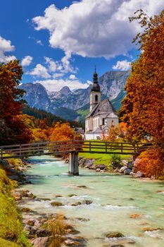 Beautiful autumn scenery. Fabulous morning scene of Parish Church of St. Sebastian. Colorful autumn view of Bavarian Alps, Ramsau bei Berchtesgaden village location, Germany, Europe.