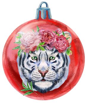 Watercolor Christmas red ball with tiger isolated on a white background.