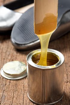 closeup rubber adhesive on wooden desk