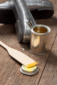 closeup rubber adhesive on wooden desk