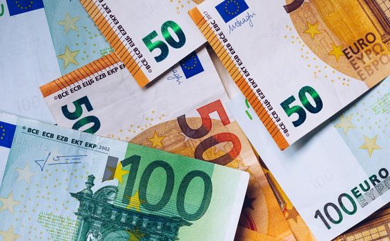 Euro money, Euro cash background. Banknotes of the european union. Euro cash. Many Euro banknotes of different values. 
