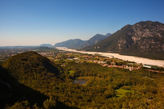 View of the Tagliamento river from the Ercole mountain, Italy