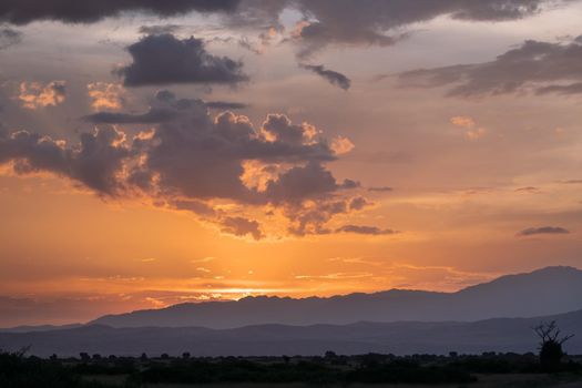 Panoramic image of the landscape of Queen Elizabeth National Park at sunset, Uganda
