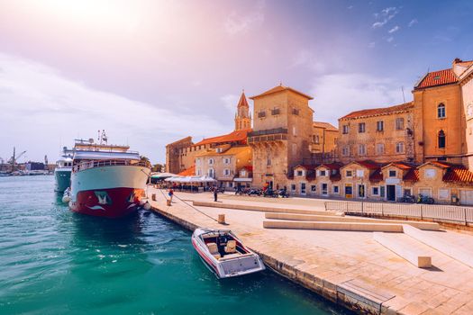 View at town Trogir, old touristic place in Croatia Europe. Trogir town coastal view. Magnificent Trogir, Croatia. Sunny old Venetian town, Dalmatian Coast in Croatia.
