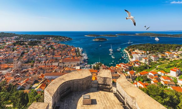 Hvar town with seagull's flying over city, famous luxury travel destination in Croatia. Boats on Hvar island, one of the many Islands near Dubrovnik and Korcula on the Dalmatian Coast of Croatia.