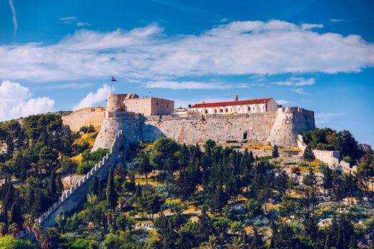The Fortica fortress (Spanish Fort or Spanjola Fortres) on the Hvar island in Croatia. Ancient fortress on Hvar island over town (citadel), popular touristic attraction of Adriatic coast, Croatia.