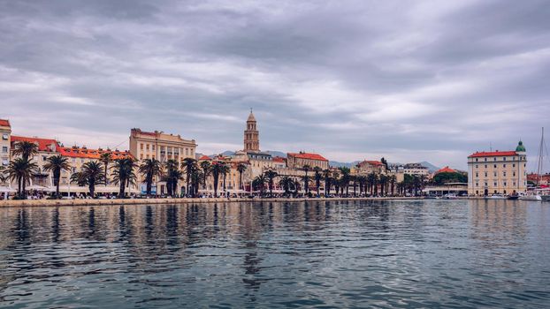 Split, Croatia (region of Dalmatia). UNESCO World Heritage Site. View of Split city, Diocletian Palace and Mosor mountains in background. Split panoramic view of town, Dalmatia, Croatia.