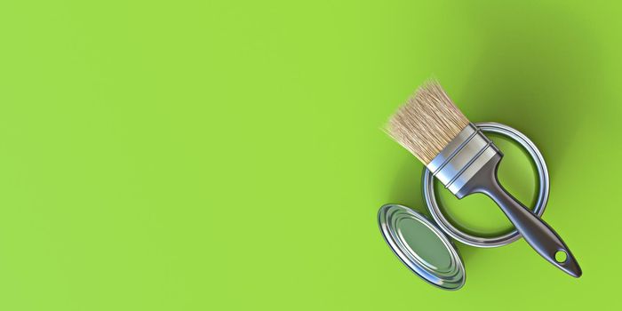 Paintbrush on top of paint bucket with green paint 3D rendering illustration isolated on green background