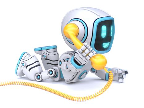 Cute blue robot hold yellow telephone headset 3D rendering illustration isolated on white background
