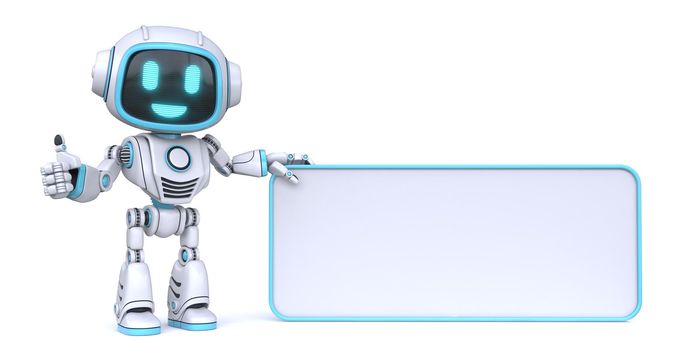 Cute blue robot holding blank rectangle board 3D rendering illustration isolated on white background
