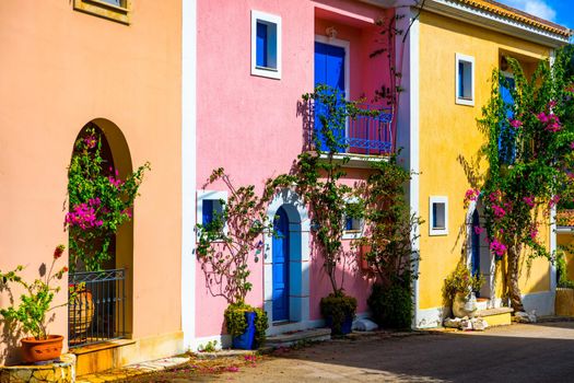 Traditional street with greek houses with flowers in Assos, Kefalonia island. Traditional colorful greek houses in Assos village. Blooming fuchsia plant flowers. Kefalonia island, Greece
