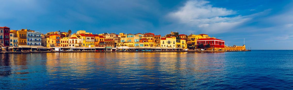 View of old port of Chania. Landmarks of Crete island. Greece. Bay of Chania at sunny summer day, Crete Greece. View of the old port of Chania, Crete, Greece. The port of chania, or Hania. 