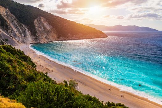 Aerial drone view of iconic turquoise and sapphire bay and beach of Myrtos, Kefalonia (Cephalonia) island, Ionian, Greece. Myrtos beach, Kefalonia island, Greece. Beautiful view of Myrtos beach.