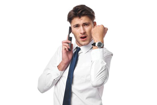 businessmen phone communication success work office isolated background. High quality photo