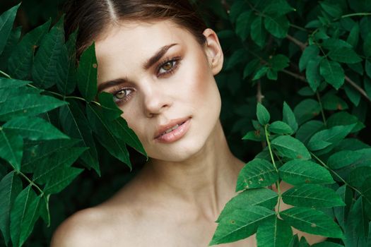 attractive woman skin care bare shoulders green leaves nature model. High quality photo