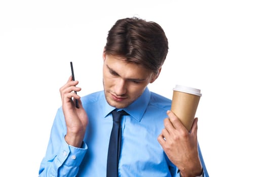 man in shirt with tie office work break coffee cup studio lifestyle. High quality photo