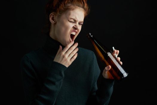 woman with bottle of alcohol bruises under eyes changes depression dark background. High quality photo