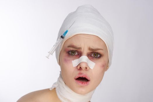 woman bruised face medicine treatment injury isolated background. High quality photo