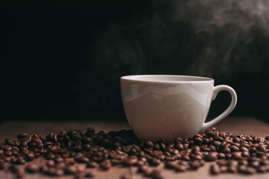 coffee beans freshly brewed beverage view from above. High quality photo