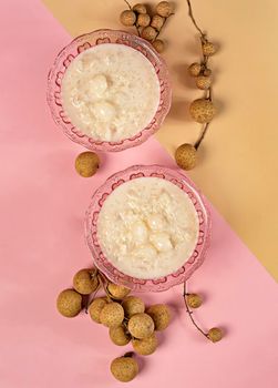 Sweet sticky rice with longan and coconut cream, thai style dessert