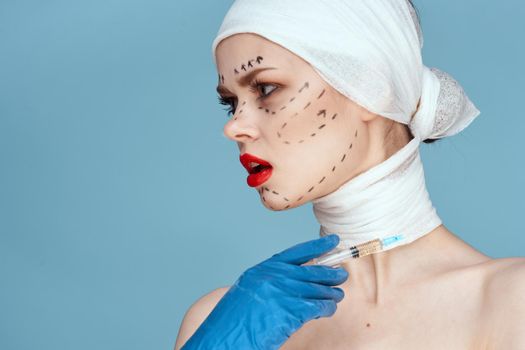 woman Red lips plastic surgery operation bare shoulders studio lifestyle. High quality photo