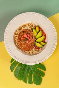 Spaghetti with minced meat and vegetables , tomato sauce