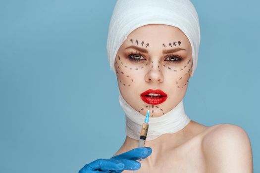 woman Red lips plastic surgery operation bare shoulders studio lifestyle. High quality photo