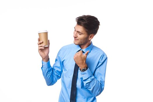 businessmen communication on the phone a cup of coffee light background. High quality photo