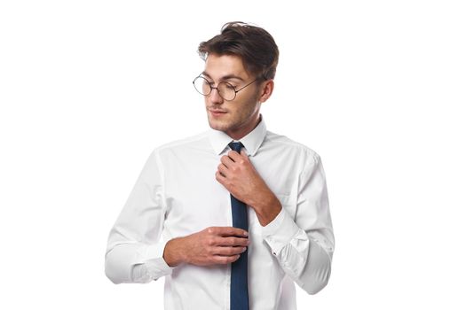 business man in white shirt with tie posing self confidence. High quality photo