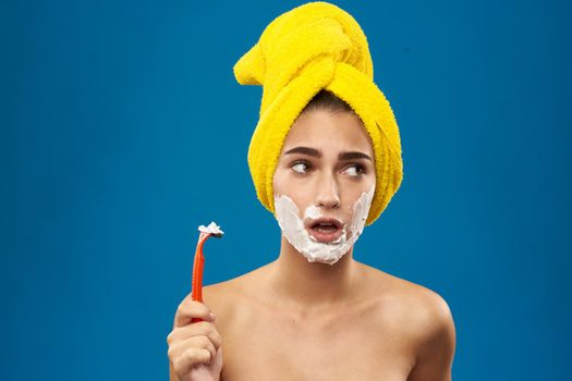 beautiful woman bare shoulders clean skin shaving shower. High quality photo