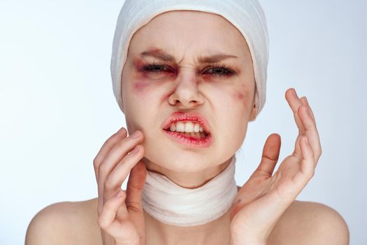 emotional woman facial injury health problems bruises pain isolated background. High quality photo