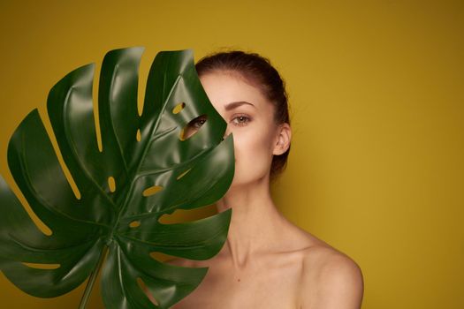 beautiful woman clean skin palm leaf cosmetics studio model. High quality photo