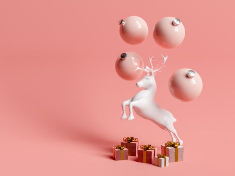 reindeer figurine with christmas lights on the antlers, presents on the floor and christmas balls around. 3d rendering