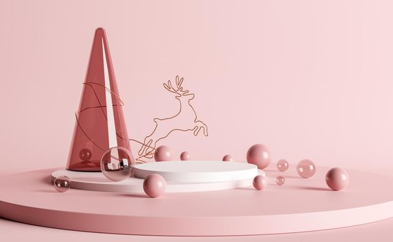 podium for product display with glass tree, reindeer-shaped wire and spheres around it. 3d rendering