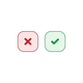 Tick and cross signs. Green checkmark OK and red X icons vector. Square symbols YES and NO button for vote, decision, web, logo, app, UI. illustration.